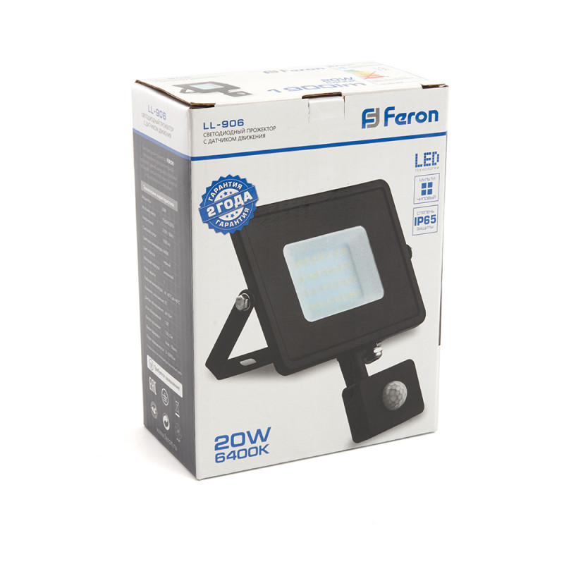 Прожектор светодиодный с датчиком движения 20W 6400K 230V черный IP44, LL-906 Feron 29556