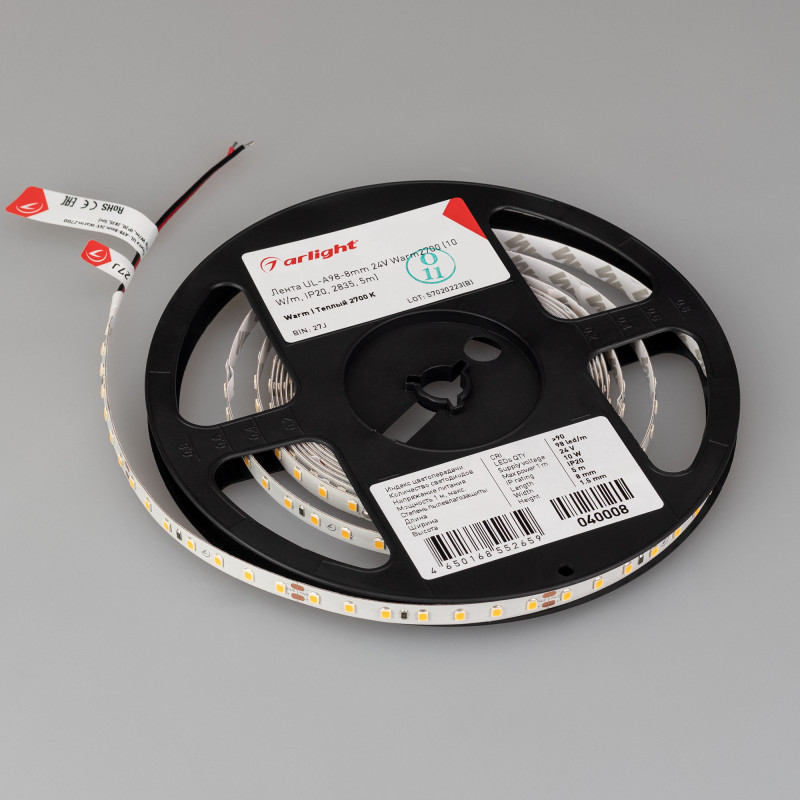 Лента UL-A98-8mm 24V Warm2700 (10 W/m, IP20, 2835, 5m) (Arlight, 7 лет) 040008. Цена указана за 5 метров. Продается кратно 5 метрам.
