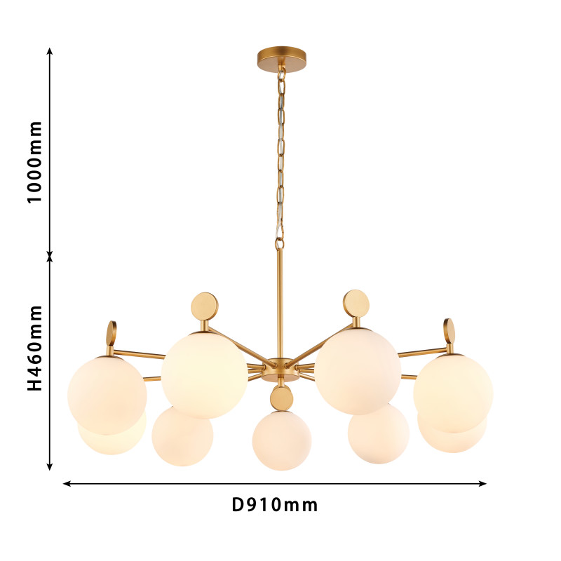 Подвесная люстра Favourite Absolute 2928-9P, D910*H365/1540, каркас золотого цвета, плафоны из стекла цвета опала, люстру можно монтировать плафонами вверх или вниз
