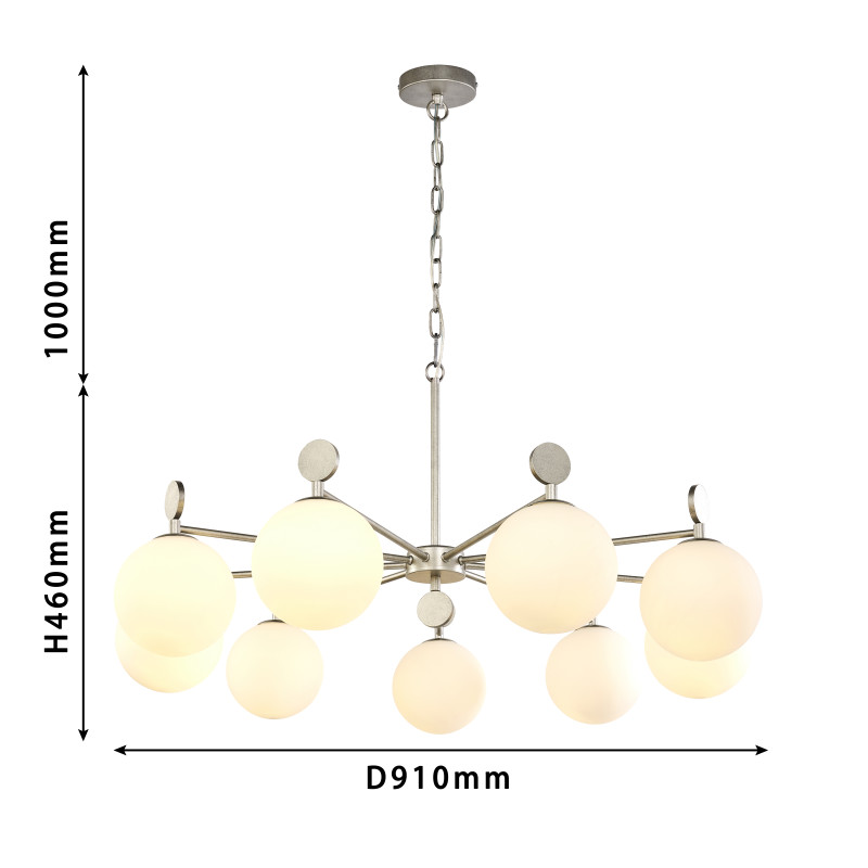 Подвесная люстра Favourite Absolute 2929-9P, D910*H365/1540, античного серебра, плафоны из стекла цвета опала, люстру можно монтировать плафонами вверх или вниз
