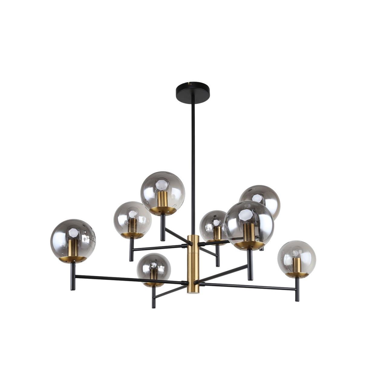 Люстра F-Promo Sheeny 3088-8P, D890*H410/710, каркас черного цвета, плафоны из стекла дымчатого серого цвета, декоративный элемент из металла цвета латуни