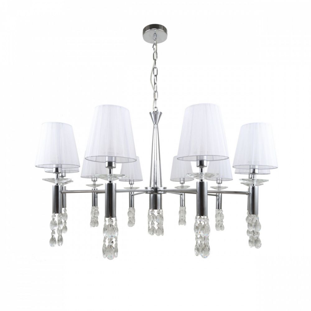 Подвесная люстра Favourite Triumph 2768-10P, D1030*H1580, хром, абажуры из полупрозрачной серебристой ленты, хрусталь высшего качества, дополнительный источник света G9 в нижней части рожков