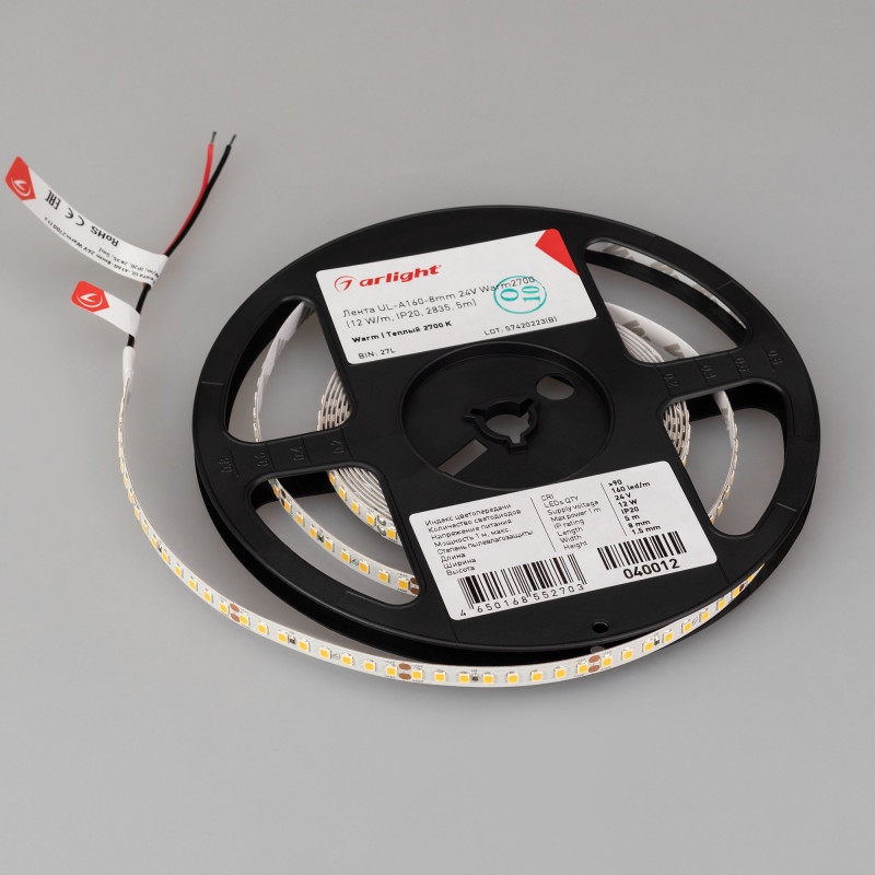 Лента UL-A160-8mm 24V Warm2700 (12 W/m, IP20, 2835, 5m) (Arlight, 7 лет) 040012. Цена указана за 5 метров. Продается кратно 5 метрам.