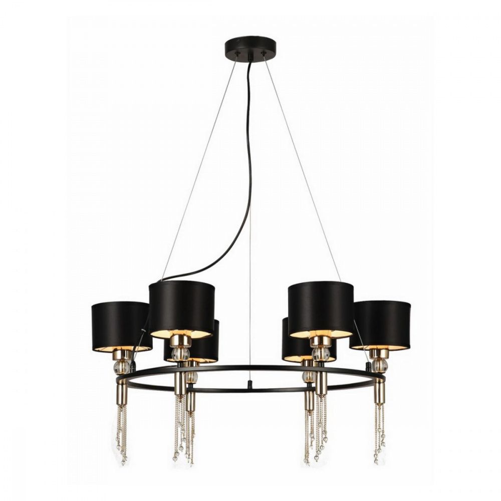 Подвесная люстра F-Promo Ringed 2847-6P, D745*H365/1100, каркас черного цвета, плафоны из гладкой черной ткани, декоративные элементы и цепочки золотого цвета, стеклянный декоративный шар, хрустальные подвес