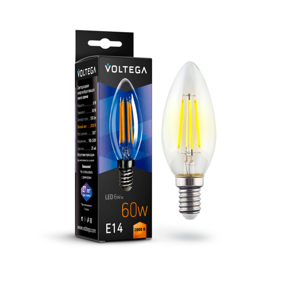 7019 Лампа светодиодная  Voltega Crystal 6W 580Lm 2800K  E14