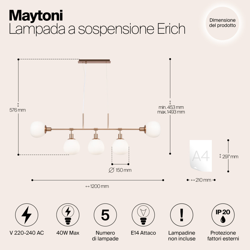 Светильник подвесной Maytoni Erich MOD221-PL-05-G, белый/золото