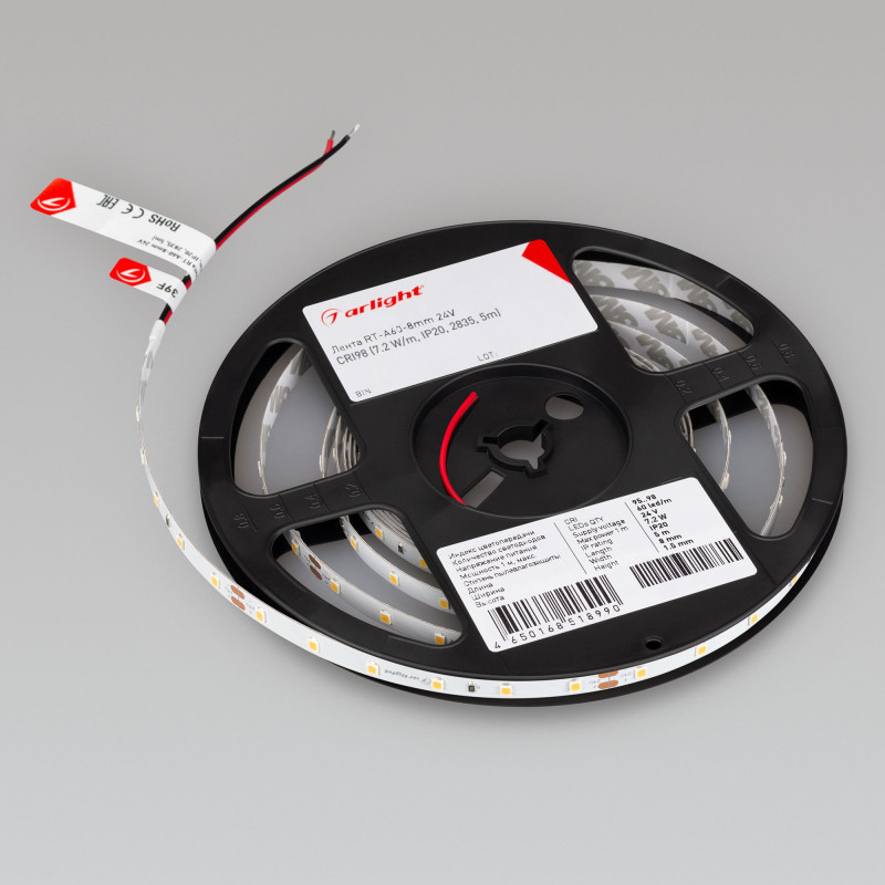 Лента RT-A60-8mm 24V Warm3000 CRI98 (7.2 W/m, IP20, 2835, 5m) (Arlight, Открытый) 021409(2). Цена указана за 5 метров. Продается кратно 5 метрам.
