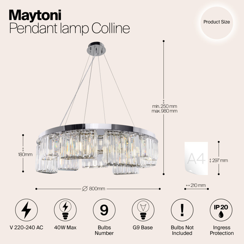 Подвесная люстра Maytoni Colline MOD083PL-09CH, диаметр 80 см, хром