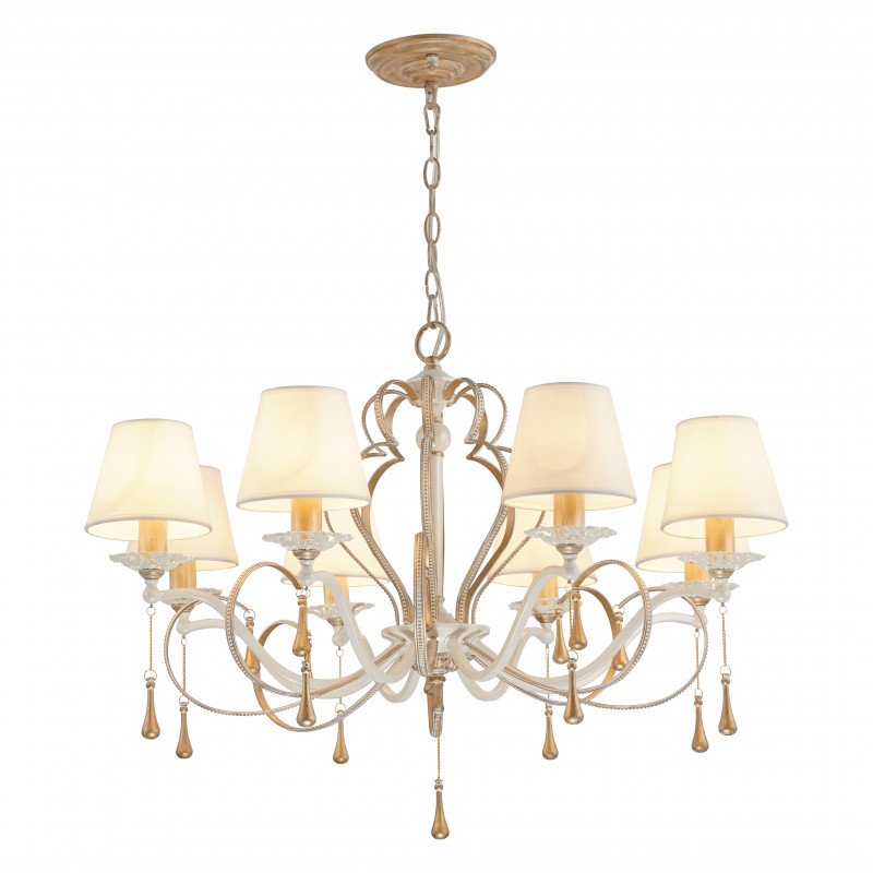 Подвесная люстра Favourite Silena 2635-8P, D800*H590/1670, каркас белого цвета и цвета - античное золото, абажуры из белой ткани, декоративные подвески в виде удлиненных стеклянных капель на золотых цепочках