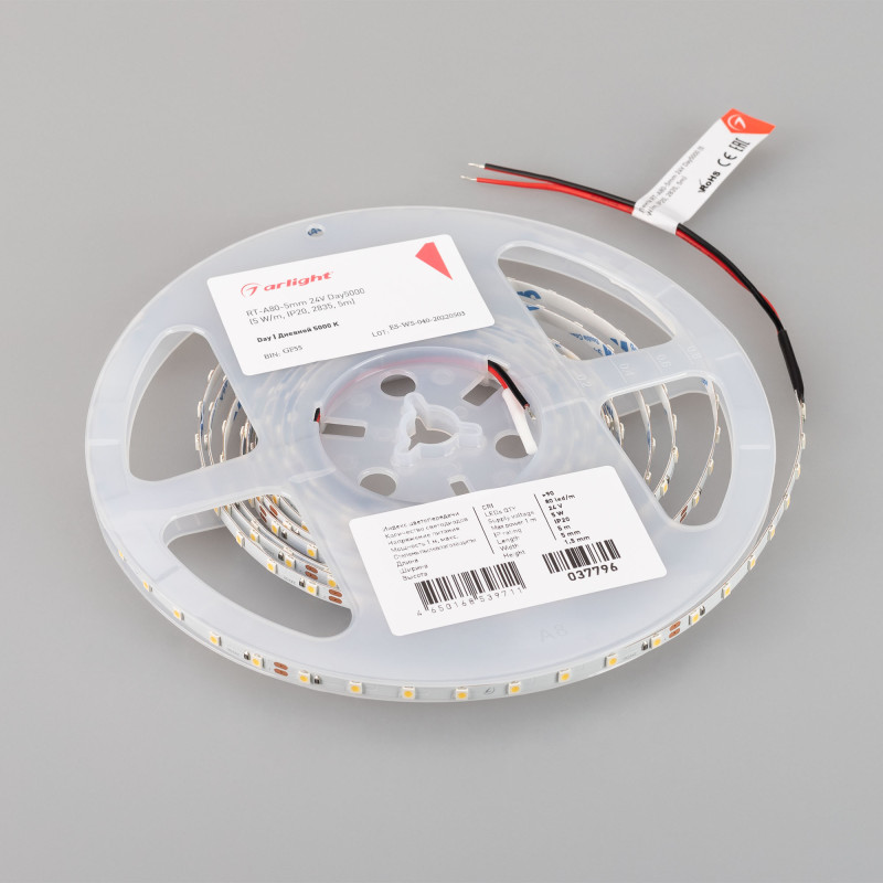 Лента RT-A80-5mm 24V Day5000 (5 W/m, IP20, 2835, 5m) (Arlight, Открытый) 037796. Цена указана за 5 метров. Продается кратно 5 метрам.