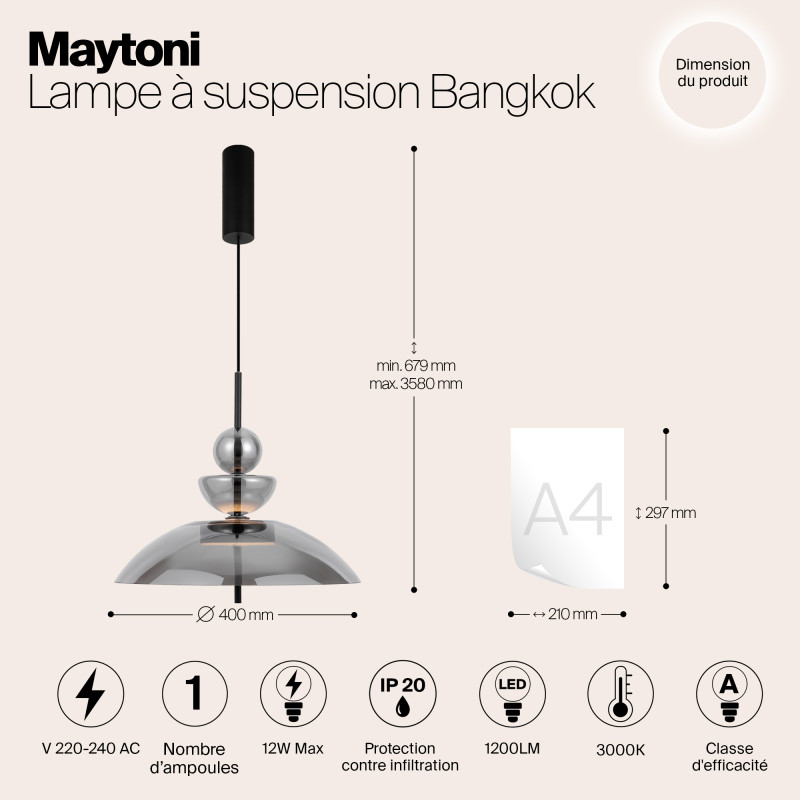 Подвесной светильник  40*67,9 см, LED 1 12W, 3000К, Черный Maytoni Bangkok MOD185PL-L6B3K6