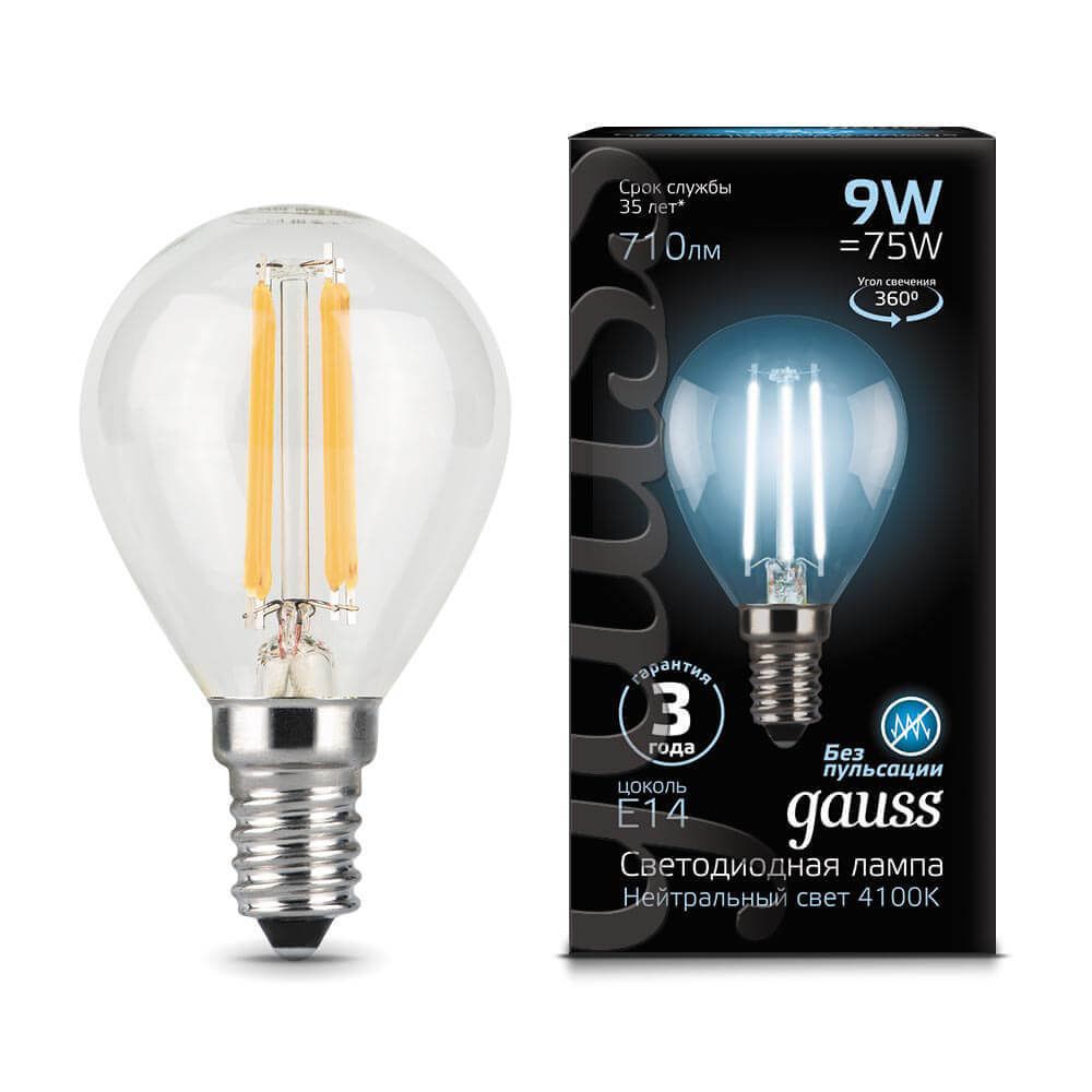 105801209 Лампа Gauss Filament Шар 9W 710lm 4100К Е14 LED 1/10/50