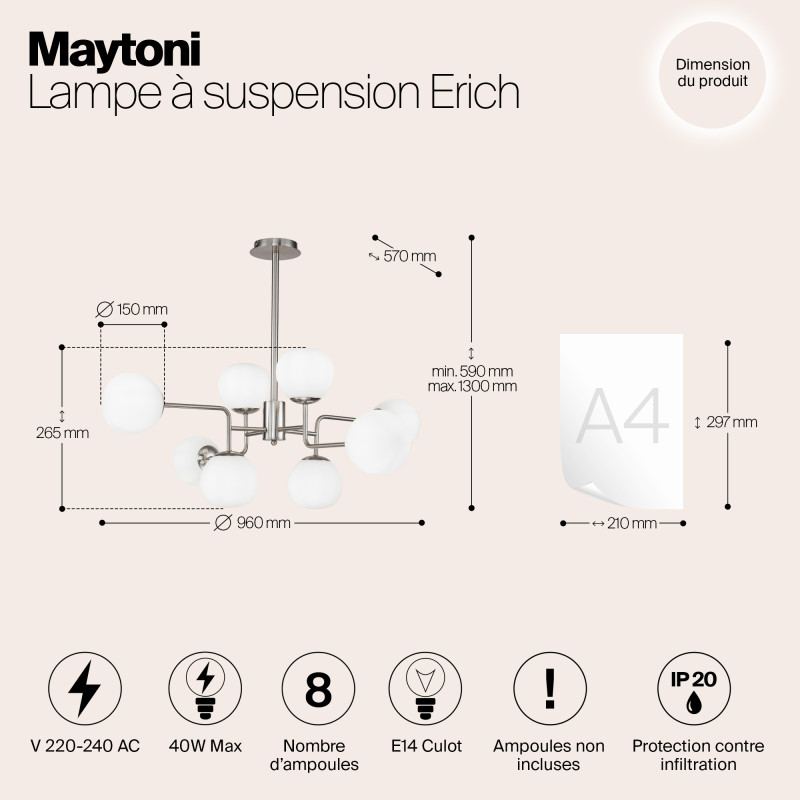 Подвесная люстра Maytoni Erich MOD221-PL-08-N, диаметр 96 см, матовый никель