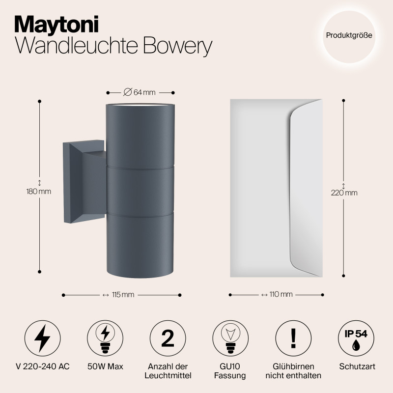 Светильник 6 см, Maytoni Bowery O574WL-02GR, серый