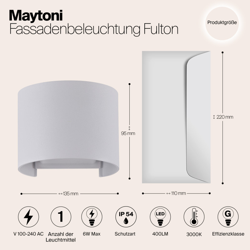 Уличное бра 6W, 3000К Maytoni Fulton O573WL-L6W, белый/матовый