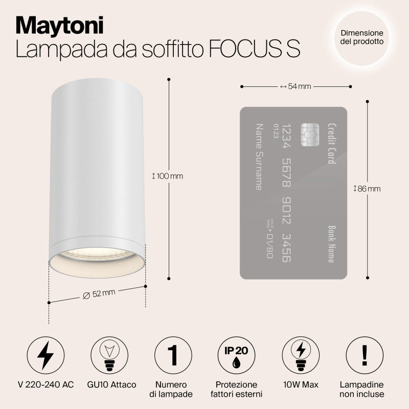 Светильник 5*5 см, GU10 10W, Maytoni Focus S C052CL-01W, белый