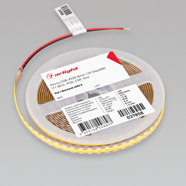 Лента COB-X528-8mm 12V Day4000 (11 W/m, IP20, CSP, 5m), Arlight 037858. Цена указана за 5 метров. Продается кратно 5 метрам.