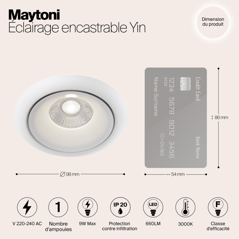Встраиваемый светильник 10 см, 8W, 3000К, белый, теплый свет, Maytoni Zoom DL031-2-L8W, светодиодный
