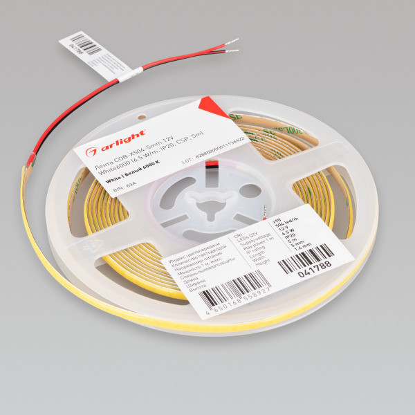 Лента COB-X504-5mm 12V White6000 (6.5 W/m, IP20, CSP, 5m), Arlight 041788. Цена указана за 5 метров. Продается кратно 5 метрам.
