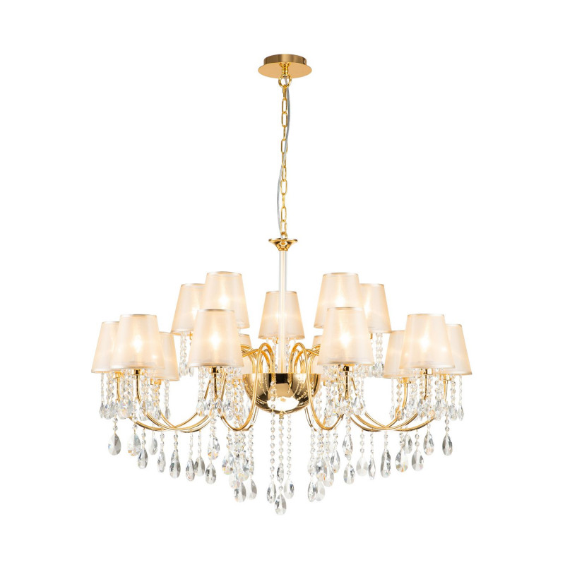 Подвесная люстра Favourite Cutie 2868-15P, D1050*H755/1755, Каркас золотого цвета, плафоны из органзы янтарного цвета с отделкой золотой тесьмой, декоративные элементы из хрусталя