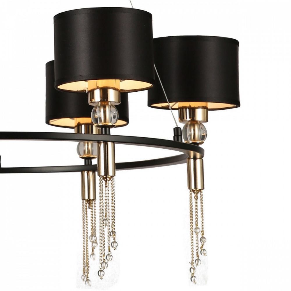 Подвесная люстра F-Promo Ringed 2847-6P, D745*H365/1100, каркас черного цвета, плафоны из гладкой черной ткани, декоративные элементы и цепочки золотого цвета, стеклянный декоративный шар, хрустальные подвес