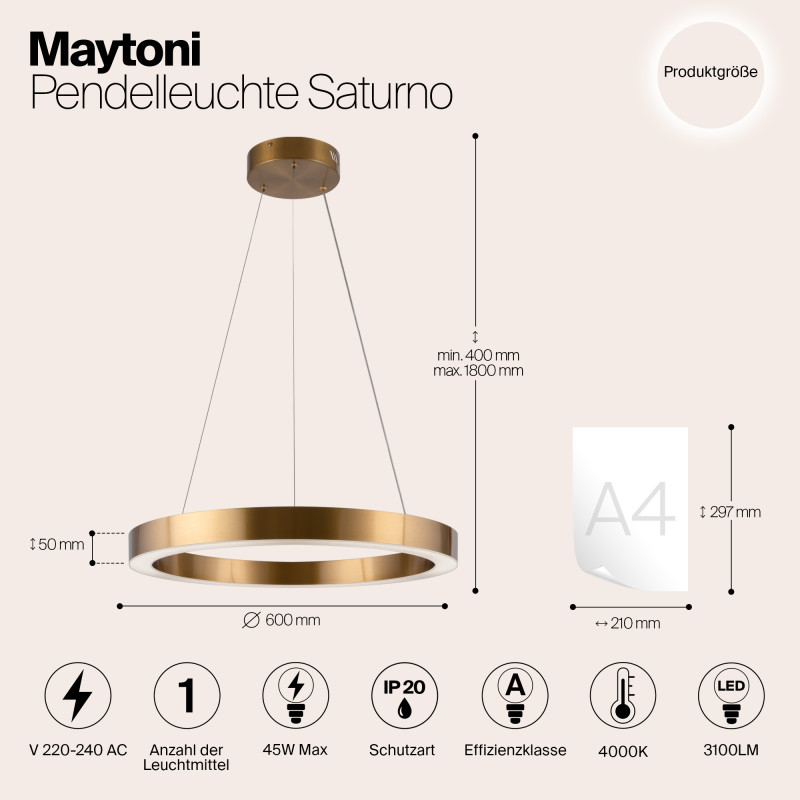 Светильник 60 см, 45W, 4000K Maytoni Saturno MOD415PL-L45BS4K, латунь