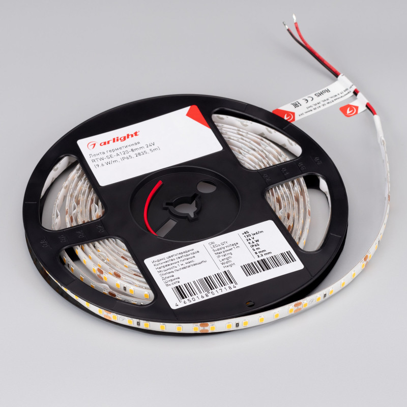 Лента герметичная RTW-SE-A120-8mm 24V Warm3000 (9.6 W/m, IP65, 2835, 5m), Arlight 014679(2). Цена указана за 5 метров. Продается кратно 5 метрам.