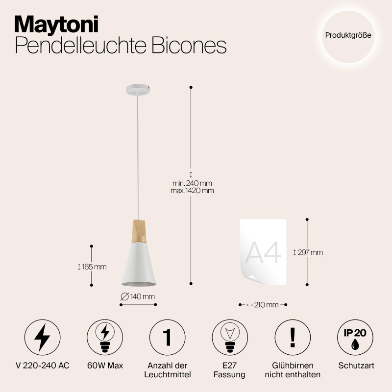 Подвесной светильник Maytoni Bicones P359-PL-140-W, диаметр 14см, белый, светлое дерево