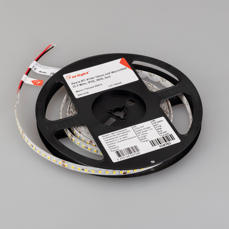 Лента RT-A144-10mm 24V Warm3000 (7.7 W/m, IP20, 2835, 5m) (Arlight, высок.эфф.200 лм/Вт) 038782. Цена указана за 5 метров. Продается кратно 5 метрам.