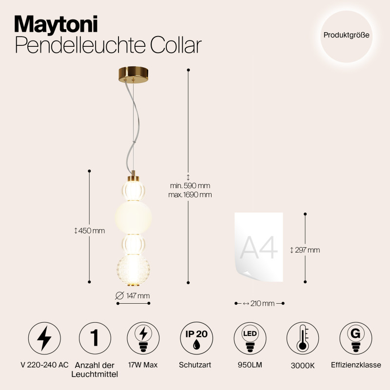 Светильник 15 см, 17W, 3000K, Maytoni P069PL-L17G3K, золото