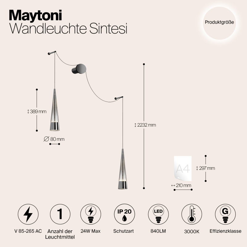Светодиодный светильник 24W, 3000K, Maytoni Sintesi P090WL-L24CH3K, хром