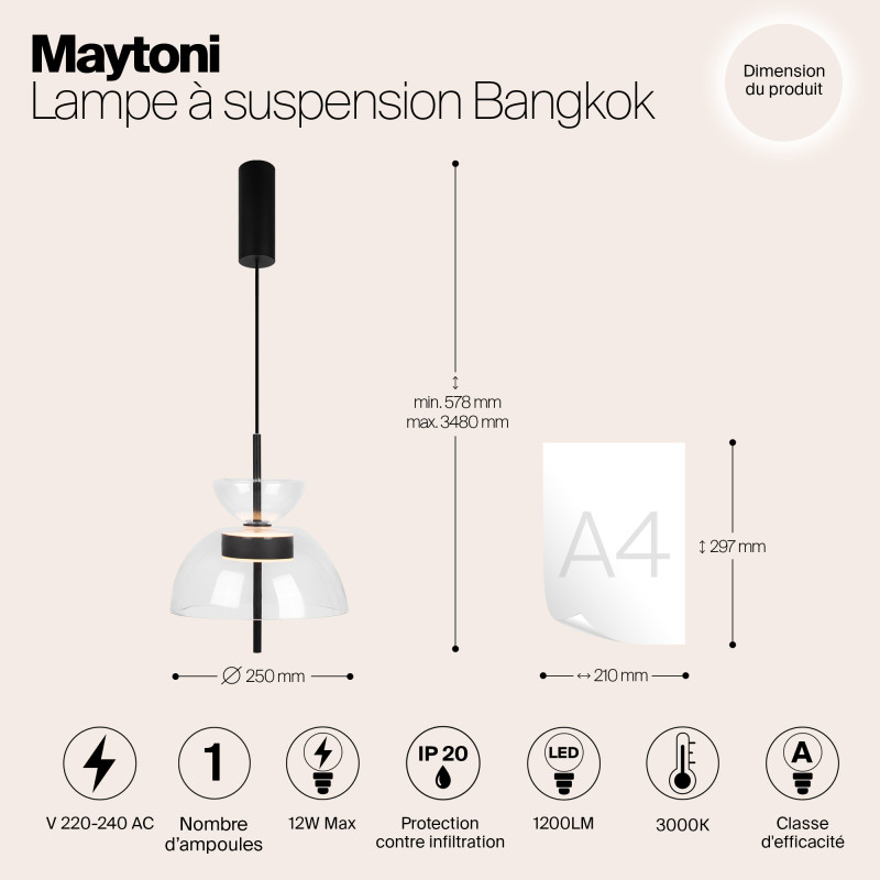 Подвесной светильник  25*57,8 см, LED 1 12W, 3000К, Черный Maytoni Bangkok MOD185PL-L6B3K2