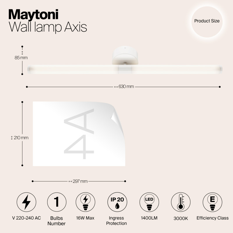 Бра 60 см, 16W, 3000K, Maytoni Axis MOD106WL-L16W3, белый