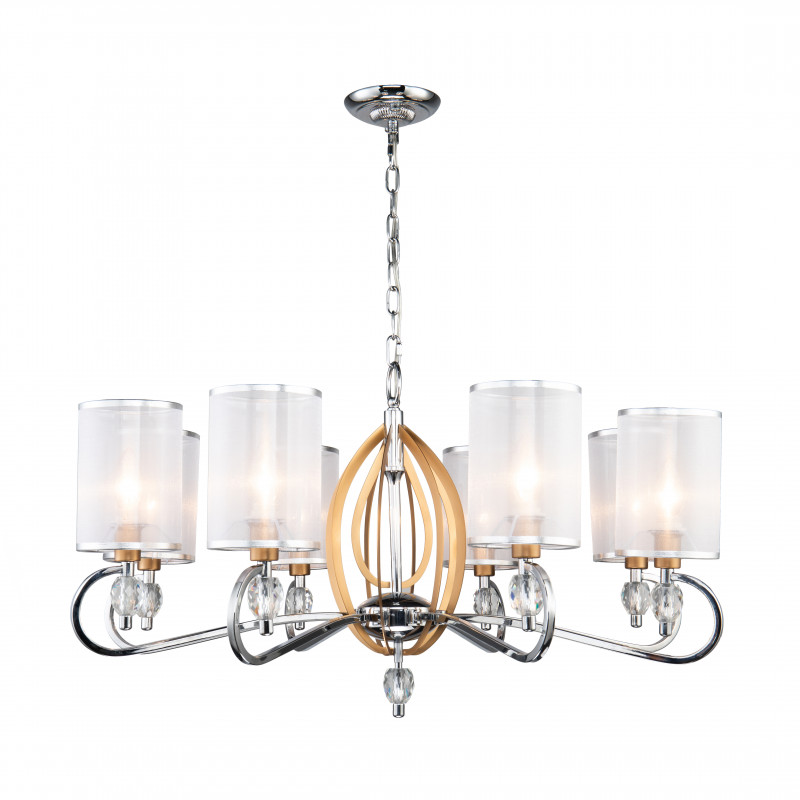 Подвесная люстра Favourite Stine 2705-8P, D790*H450/1450, каркас серебряного цвета и цвета латуни, абажур из полупрозрачной органзы с серебряной тесьмой, декоративные элементы выполнены из прозрачного хрустал