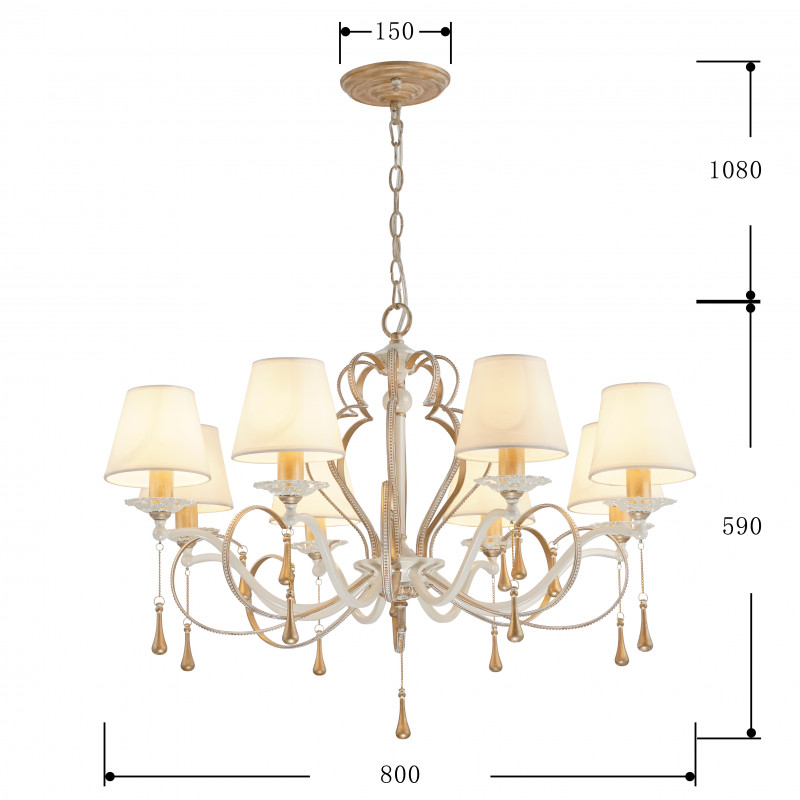 Подвесная люстра Favourite Silena 2635-8P, D800*H590/1670, каркас белого цвета и цвета - античное золото, абажуры из белой ткани, декоративные подвески в виде удлиненных стеклянных капель на золотых цепочках