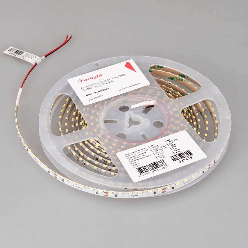 Лента RS-S120-8mm 24V Warm3000 (9.6 W/m, IP20, 3014, 5m) (Arlight, боковое свечение) 039429. Цена указана за 5 метров. Продается кратно 5 метрам.