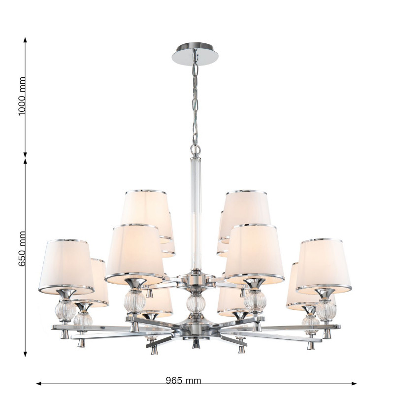 Подвесная люстра Favourite Aureola 2873-12P, D965*H650/1650, хром, плафоны из белой ткани с серебристыми лентами, декоративные элементы из прозрачного стекла