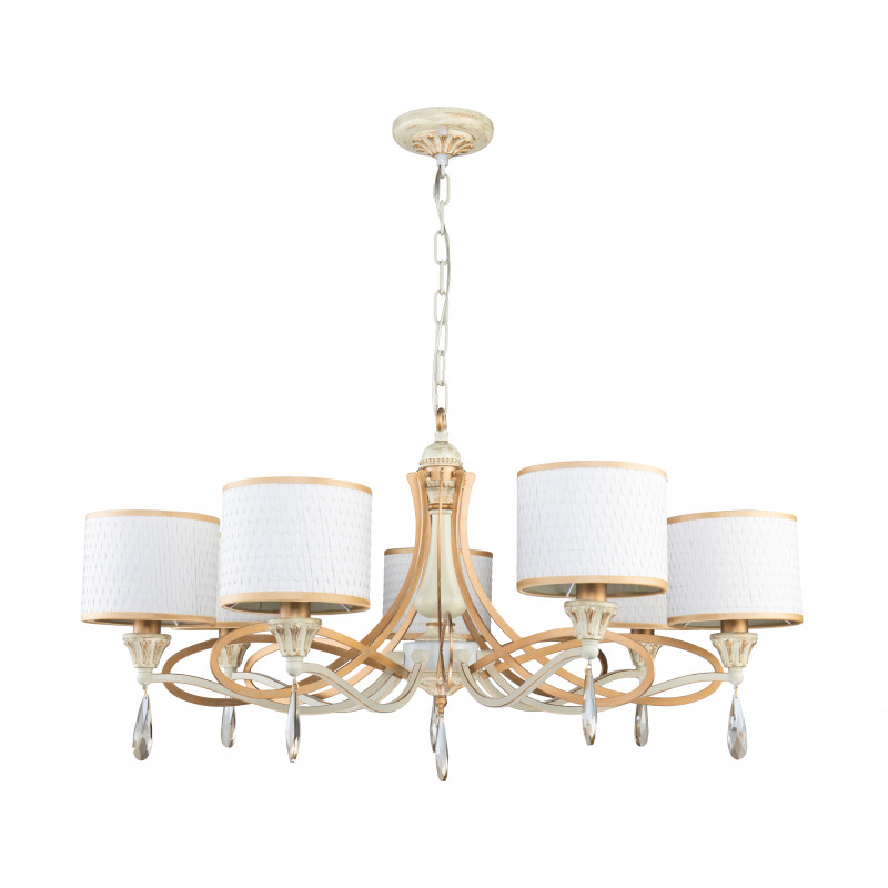 Подвесная люстра Favourite Charlotte 2695-7P, D840*H450/1450, каркас белого цвета с патиной цвета перламутровое золото, абажуры из белой ткани с золотой тесьмой, декоративные элементы из прозрачного хрусталя