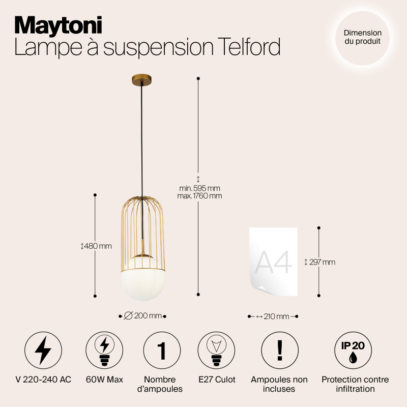 Подвесной светильник Maytoni Telford P363PL-01G, золото, диаметр 20 см