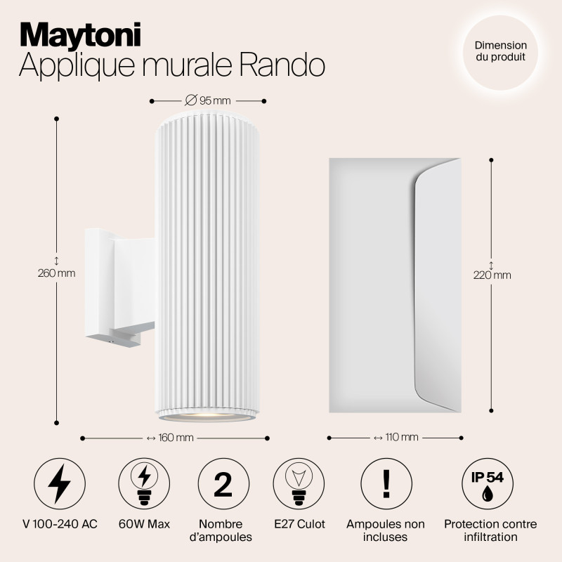 Светильник 26 см, Maytoni Rando O419WL-02W, белый