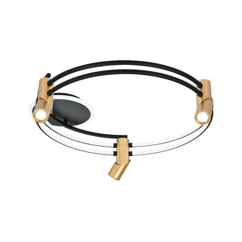 Потолочный светильник Favourite Cosmical 4071-3U, L680*W600*H210, потолочный светильник черного цвета в  сочетании с золотыми поворотными спотами на каркасе, встроенные ленты LED по периметру. Пульт управления цветом