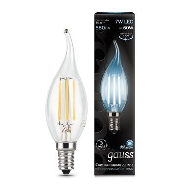 Лампа светодиодная филаментная E14 7W=60W 4100К прозрачная 104801207, свеча на ветру, дневной свет