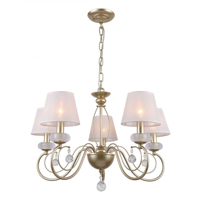 Подвесная люстра F-Promo Bambola 2665-5P, D660*H440/1015, каркас из цвета светлого золота, абажуры из белой органзы, декоративные элементы выполнены из прозрачного стекла и прозрачного хрусталя