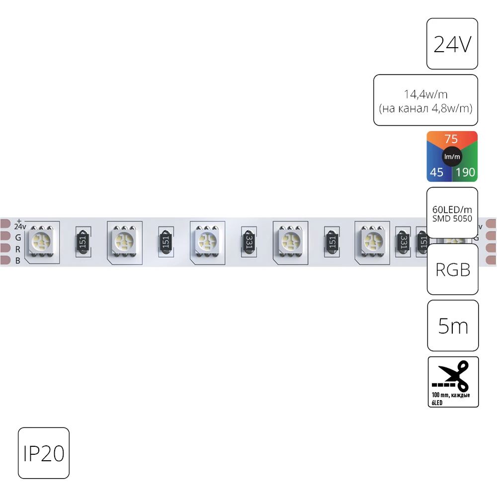 A2406010-01-RGB Светодиодная лента 24В 14,4Вт/м (на канал 4,8Вт/м) RGB 90+ 10мм SMD5050 60шт/м 5м IP20 Arte Lamp Tape