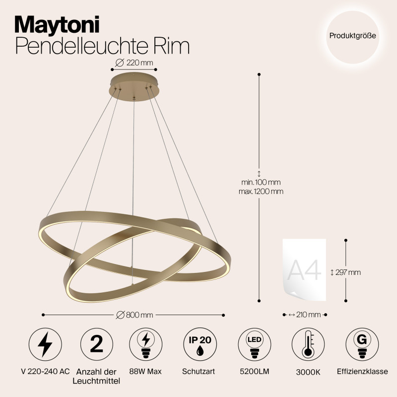 Светильник 80 см, 88W, 4000K Maytoni Rim MOD058PL-L74BS4K, латунь