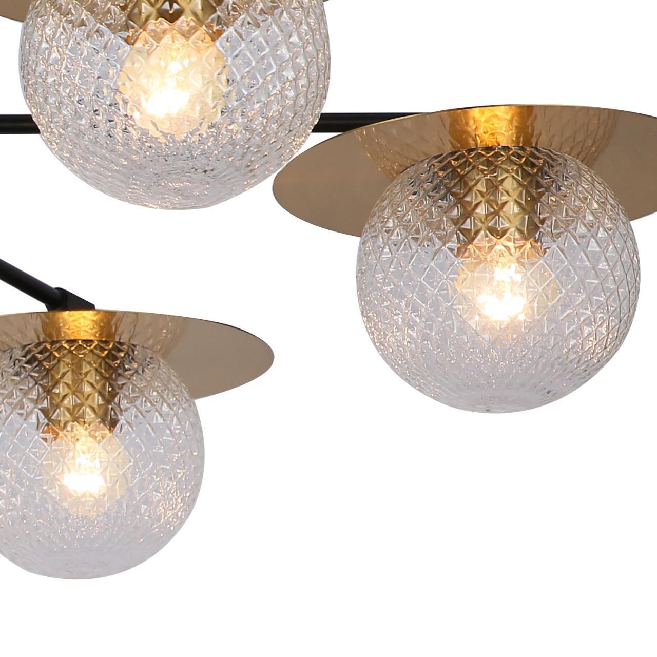 Люстра F-Promo Roshni 3049-7P, D900*H155, каркас черного матового цвета, плафоны из прозрачного узорного стекла, декоративные элементы в виде металлических блюдец цвета меди