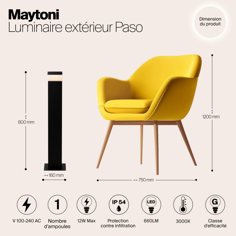 Светодиодный светильник 80 см, 12W, 3000K, Maytoni Paso O595FL-L12B3K, черный