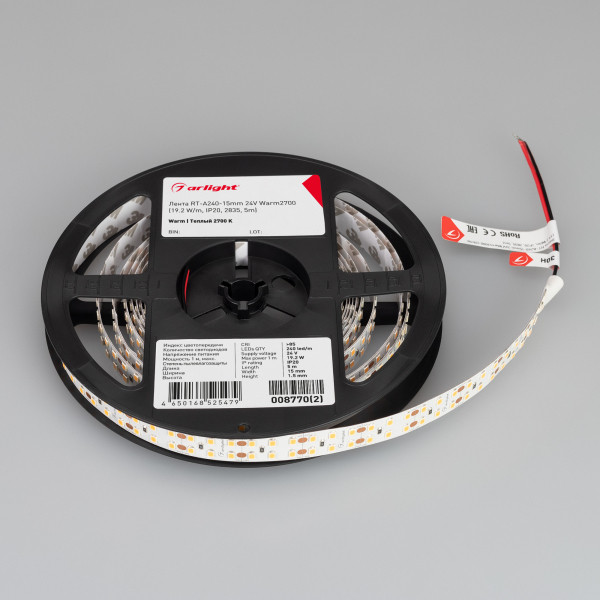Лента RT-A240-15mm 24V Warm2700 (19.2 W/m, IP20, 2835, 5m) (Arlight, 19.2 Вт/м, IP20) 008770(2). Цена указана за 5 метров. Продается кратно 5 метрам.