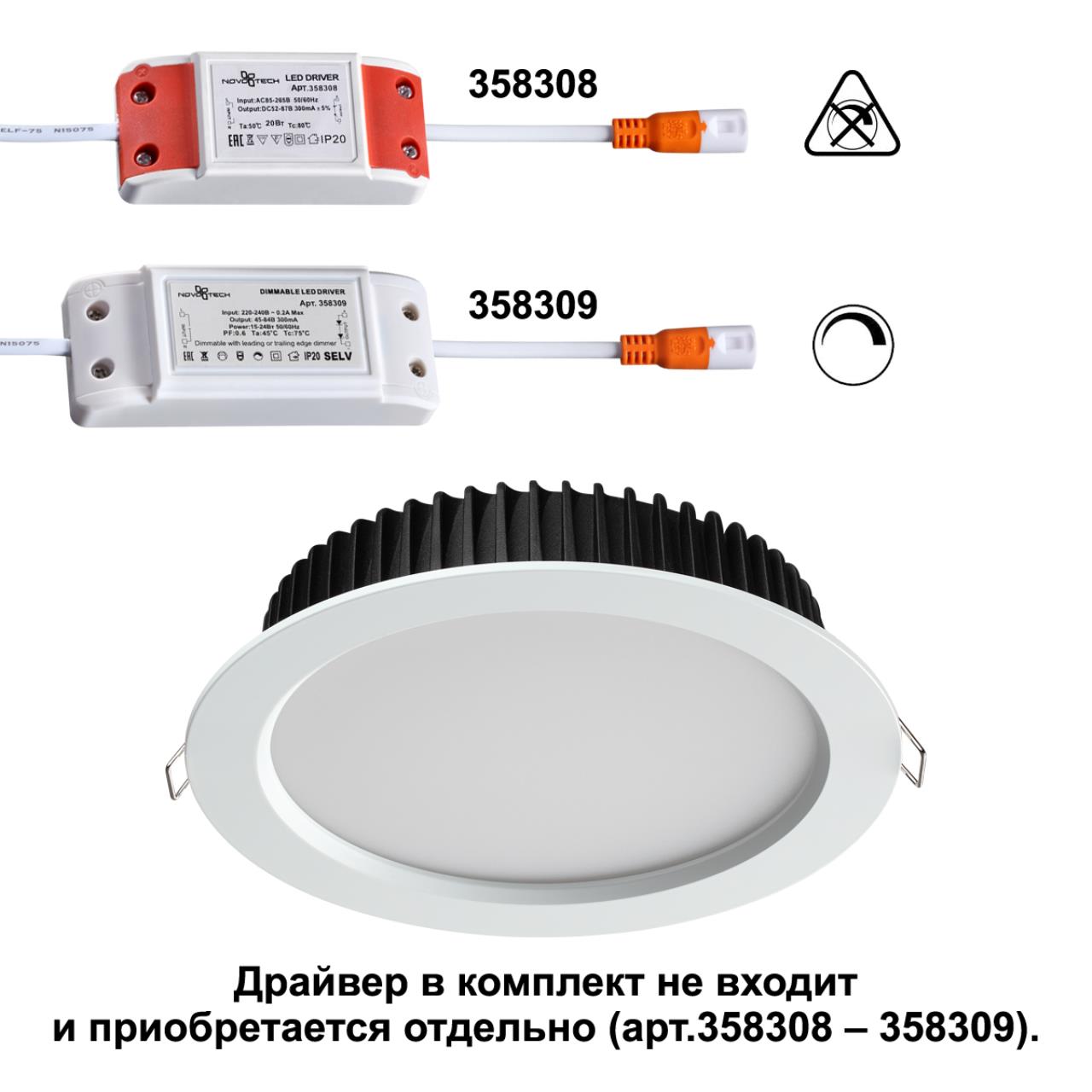 Встраиваемый светильник 17 см, 20W, 4000К, Novotech Drum 358306, белый (драйвер в комплект не ходит)