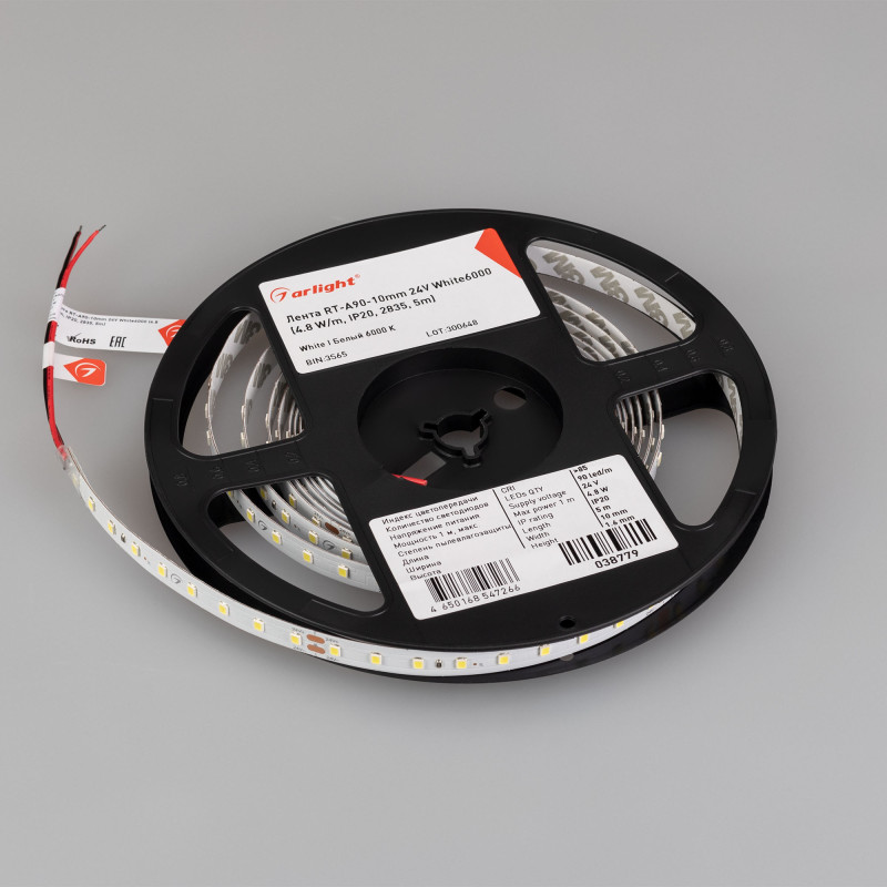 Лента RT-A90-10mm 24V White6000 (4.8 W/m, IP20, 2835, 5m) (Arlight, высок.эфф.200 лм/Вт) 038779. Цена указана за 5 метров. Продается кратно 5 метрам.